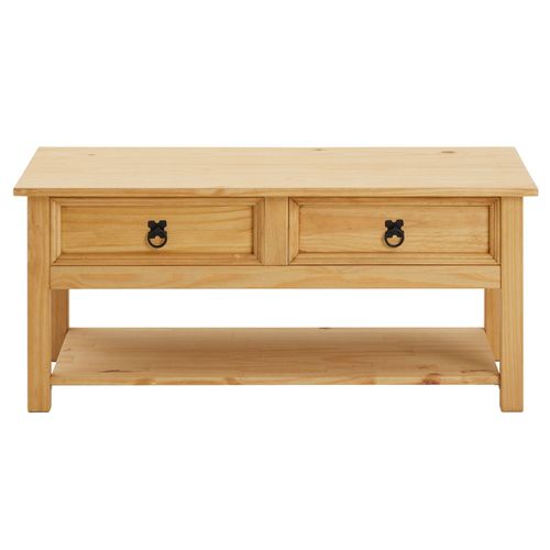 Table Basse Tequila Style Mexicain Avec 2 Tiroirs, En Pin Massif Finition Teintée/cirée