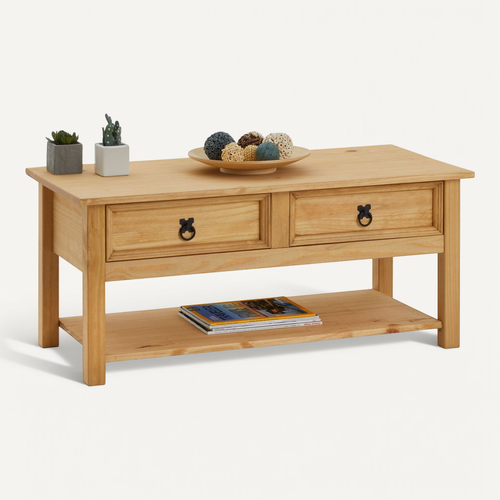 Table Basse Tequila Style Mexicain Avec 2 Tiroirs, En Pin Massif Finition Teintée/cirée