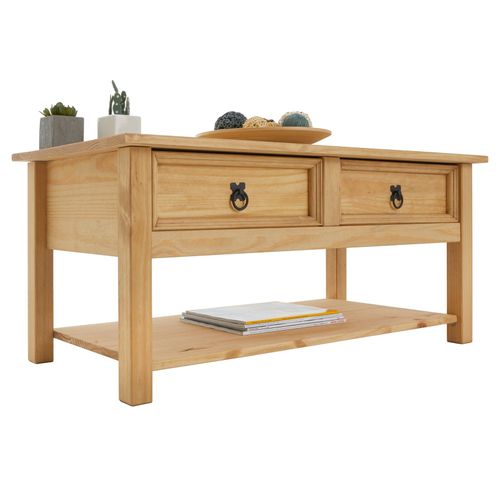 Table Basse Tequila Style Mexicain Avec 2 Tiroirs, En Pin Massif Finition Teintée/cirée