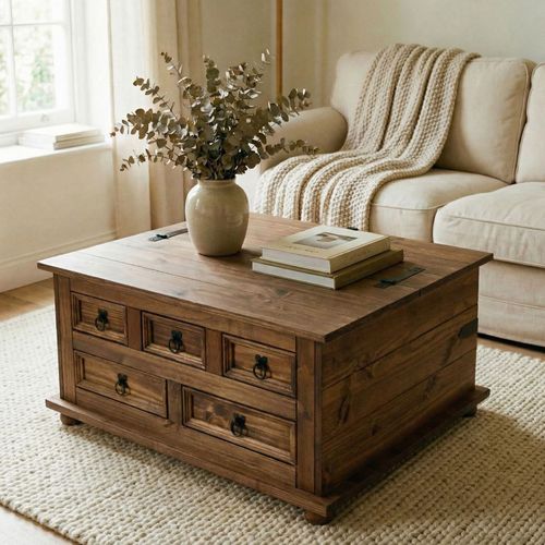 Table Basse Coffre En Pin Tequila Style Mexicain, Avec 5 Tiroirs, Lasuré Brun