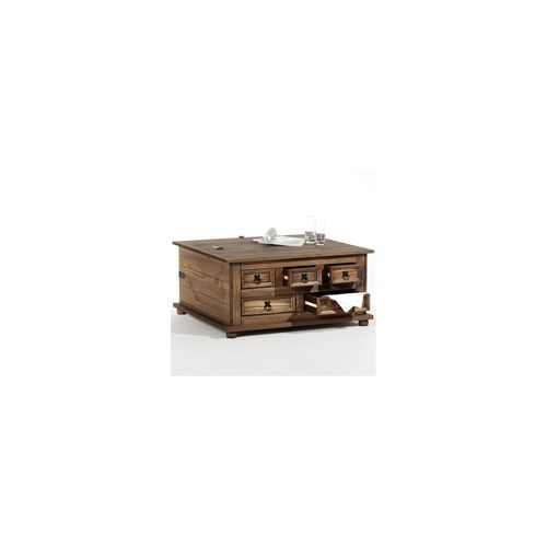 Table Basse Coffre En Pin Tequila Style Mexicain, Avec 5 Tiroirs, Lasuré Brun