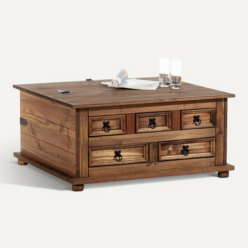 Table Basse Coffre En Pin Tequila Style Mexicain, Avec 5 Tiroirs, Lasuré Brun