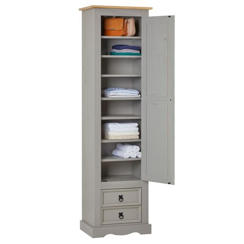 Armoire Tequila Avec 1 Porte Et 2 Tiroirs, En Pin Massif Lasuré Gris Et Brun