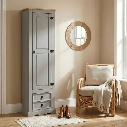 Armoire Tequila Avec 1 Porte Et 2 Tiroirs, En Pin Massif Lasuré Gris Et Brun