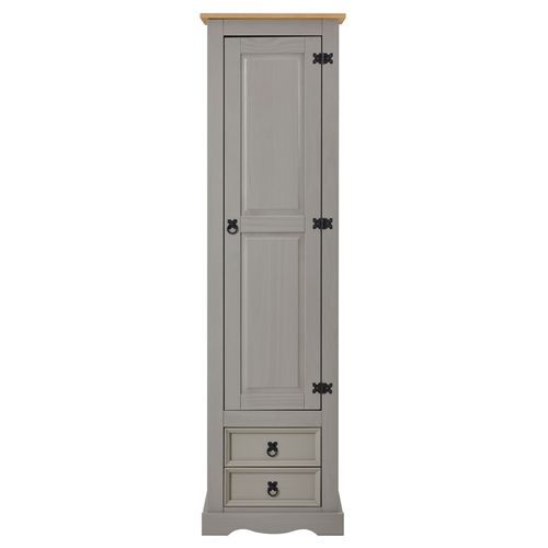 Armoire Tequila Avec 1 Porte Et 2 Tiroirs, En Pin Massif Lasuré Gris Et Brun