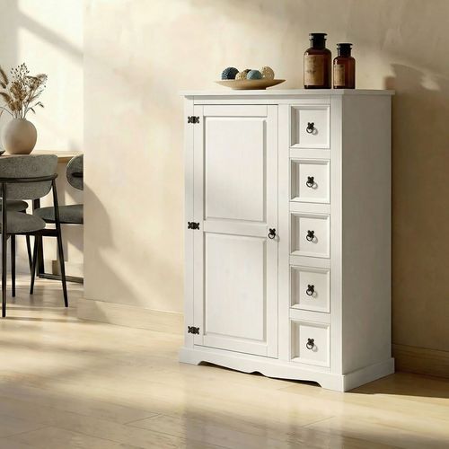 Buffet Apothicaire En Pin Tequila Style Mexicain, 1 Portes Et 5 Tiroirs, Lasuré Blanc