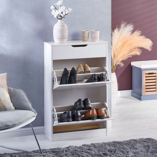 Meuble à Chaussures Basil, Avec 2 Abattants Et 1 Tiroir, En Pin Massif Lasuré Blanc