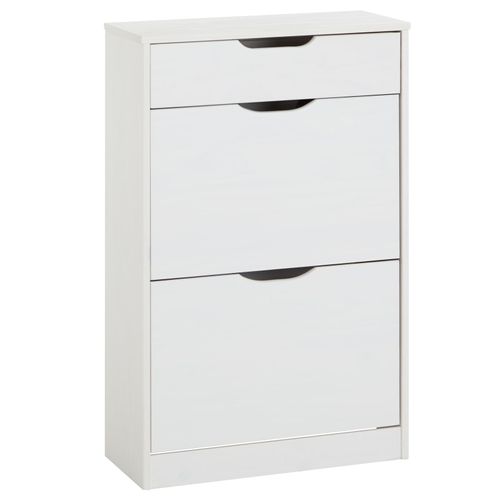 Meuble à Chaussures Basil, Avec 2 Abattants Et 1 Tiroir, En Pin Massif Lasuré Blanc