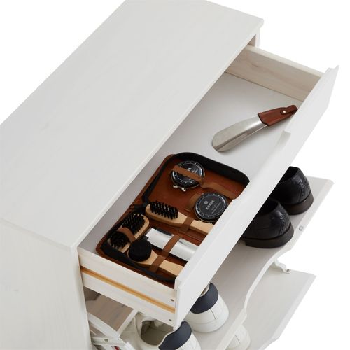 Meuble à Chaussures Basil, Avec 2 Abattants Et 1 Tiroir, En Pin Massif Lasuré Blanc