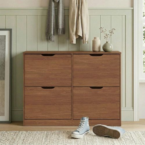 Meuble À Chaussures Basil Avec 4 Abattants, En Pin Massif - Coloris Châtaignier