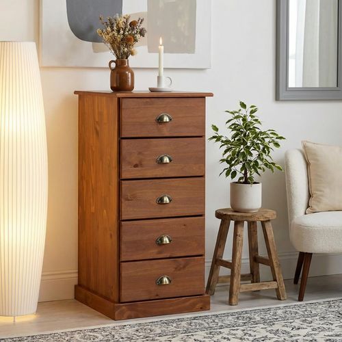 Chiffonnier Paris En Pin Massif, 5 Tiroirs, Lasuré Brun Foncé