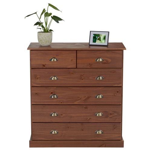 Commode Paris En Pin Massif, 6 Tiroirs, Lasuré Brun Foncé