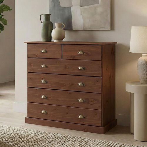 Commode Paris En Pin Massif, 6 Tiroirs, Lasuré Brun Foncé