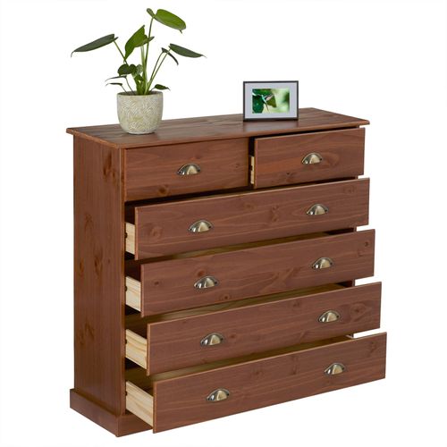 Commode Paris En Pin Massif, 6 Tiroirs, Lasuré Brun Foncé