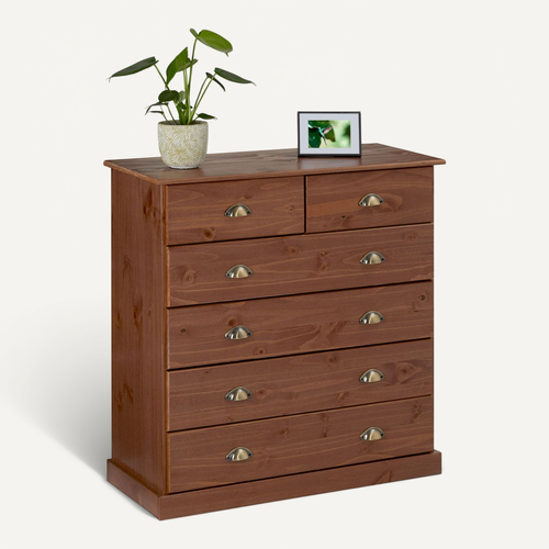 Commode Paris En Pin Massif, 6 Tiroirs, Lasuré Brun Foncé