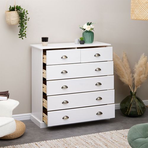 Commode Paris En Pin Massif, 6 Tiroirs, Lasuré Blanc
