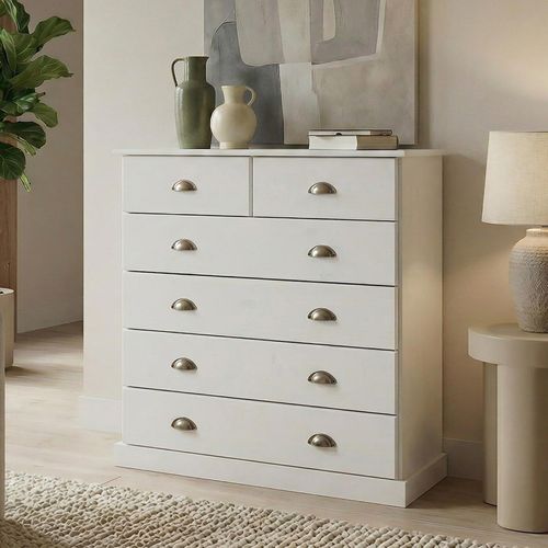 Commode Paris En Pin Massif, 6 Tiroirs, Lasuré Blanc