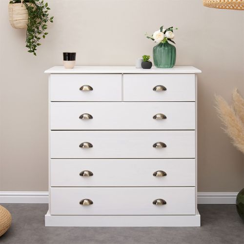 Commode Paris En Pin Massif, 6 Tiroirs, Lasuré Blanc