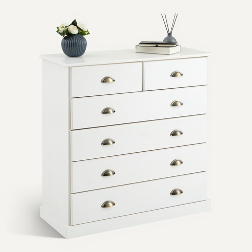 Commode Paris En Pin Massif, 6 Tiroirs, Lasuré Blanc