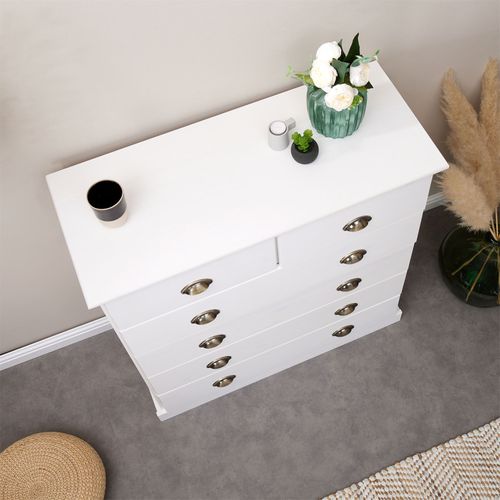 Commode Paris En Pin Massif, 6 Tiroirs, Lasuré Blanc