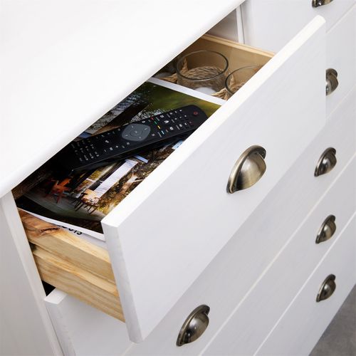Commode Paris En Pin Massif, 6 Tiroirs, Lasuré Blanc