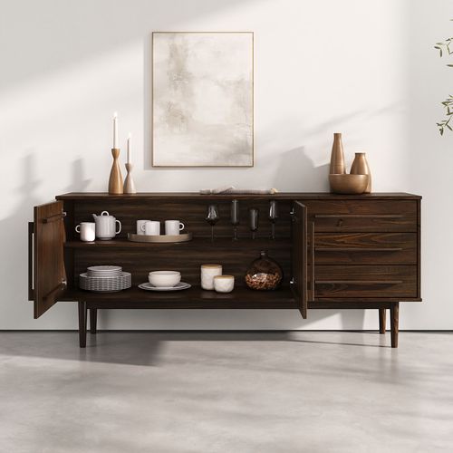 Buffet Tecca L 170 Cm 2 Portes 3 Tiroirs En Bois Massif - Coloris Noyer
