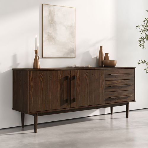 Buffet Tecca L 170 Cm 2 Portes 3 Tiroirs En Bois Massif - Coloris Noyer