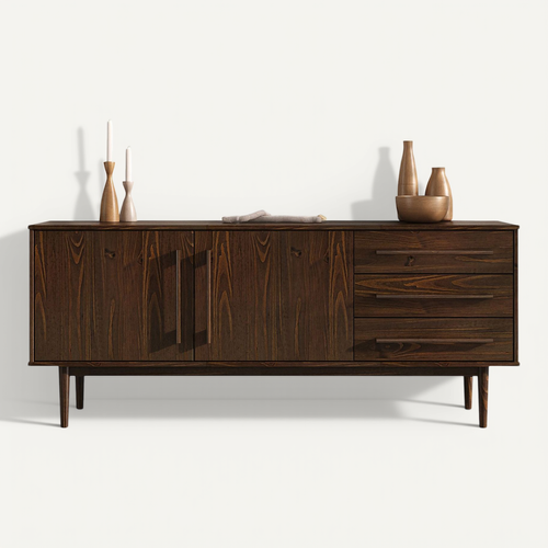Buffet Tecca L 170 Cm 2 Portes 3 Tiroirs En Bois Massif - Coloris Noyer