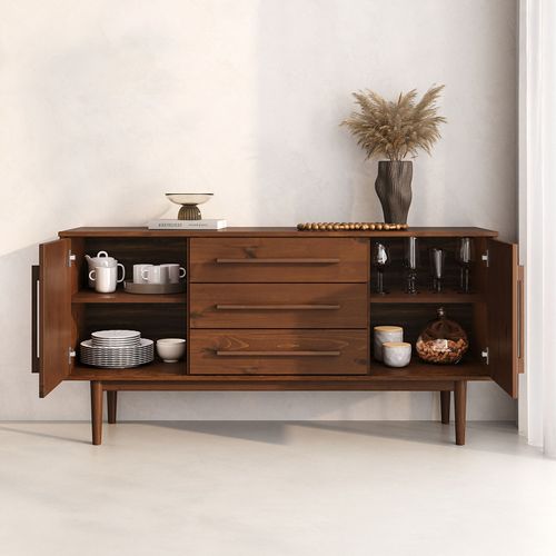 Buffet Tecca L 145 Cm 2 Portes 3 Tiroirs En Bois Massif - Coloris Châtaignier