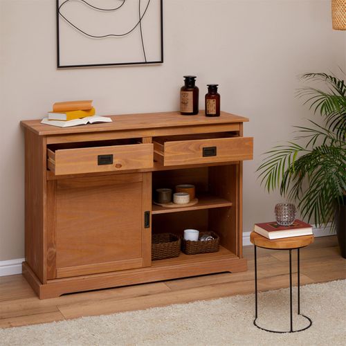 Buffet Savona En Pin Massif, 2 Tiroirs Et 2 Portes, Lasuré Brun