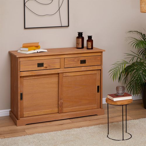 Buffet Savona En Pin Massif, 2 Tiroirs Et 2 Portes, Lasuré Brun