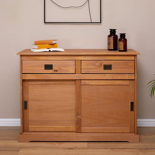 Buffet Savona En Pin Massif, 2 Tiroirs Et 2 Portes, Lasuré Brun