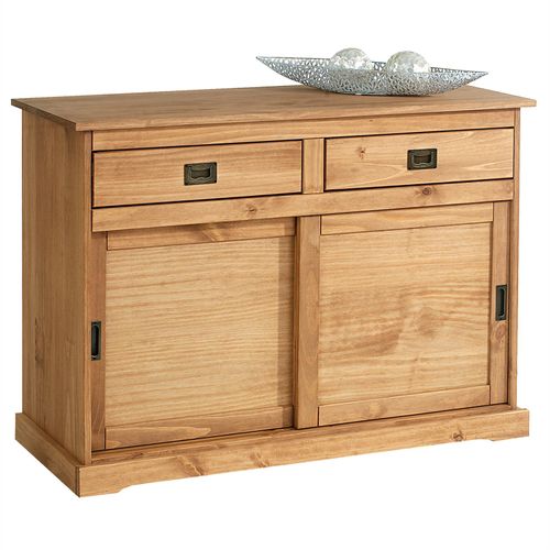 Buffet Savona En Pin Massif, 2 Tiroirs Et 2 Portes, Lasuré Brun