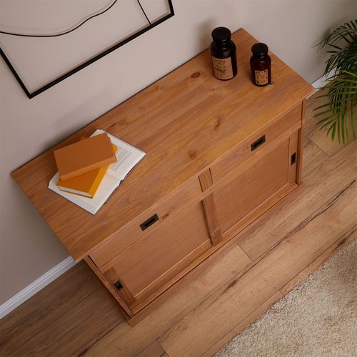 Buffet Savona En Pin Massif, 2 Tiroirs Et 2 Portes, Lasuré Brun