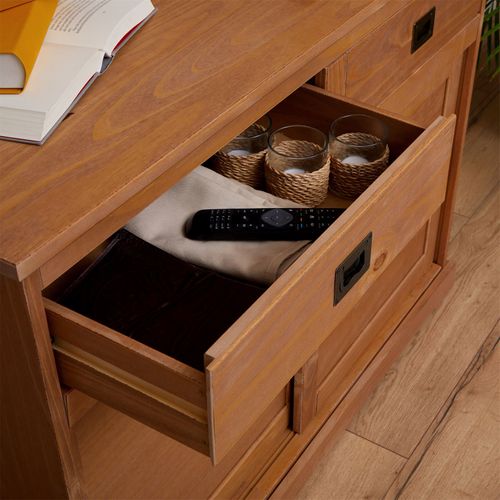 Buffet Savona En Pin Massif, 2 Tiroirs Et 2 Portes, Lasuré Brun