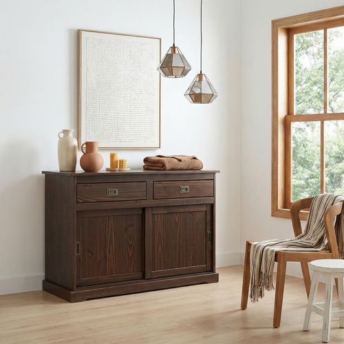 Buffet Savona En Pin Massif, 2 Tiroirs Et 2 Portes - Coloris Noyer
