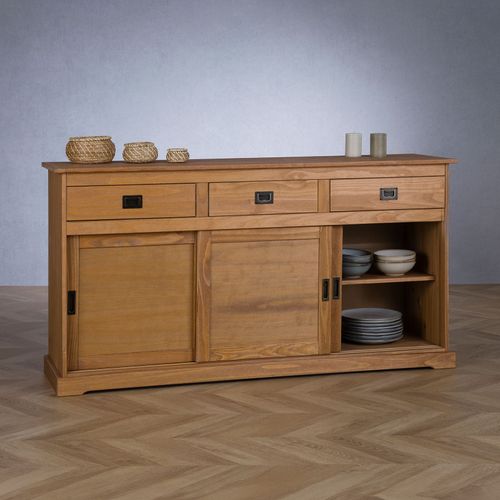 Buffet Savona En Pin Massif, 3 Tiroirs Et 3 Portes, Lasuré Brun