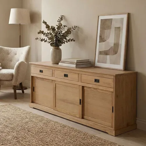 Buffet Savona En Pin Massif, 3 Tiroirs Et 3 Portes, Lasuré Brun