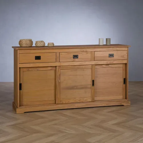 Buffet Savona En Pin Massif, 3 Tiroirs Et 3 Portes, Lasuré Brun