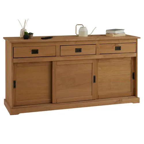 Buffet Savona En Pin Massif, 3 Tiroirs Et 3 Portes, Lasuré Brun