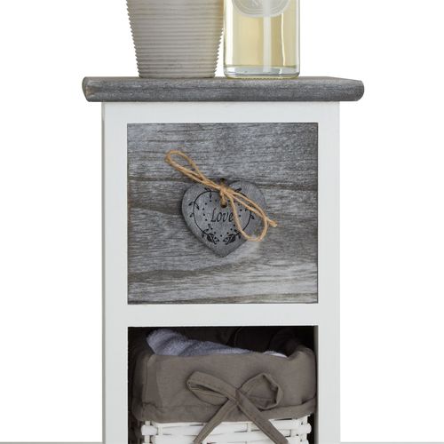 Chiffonnier Flower Avec 1 Tiroir Et 3 Paniers, En Bois De Paulownia Blanc Et Gris
