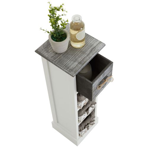 Chiffonnier Flower Avec 1 Tiroir Et 3 Paniers, En Bois De Paulownia Blanc Et Gris