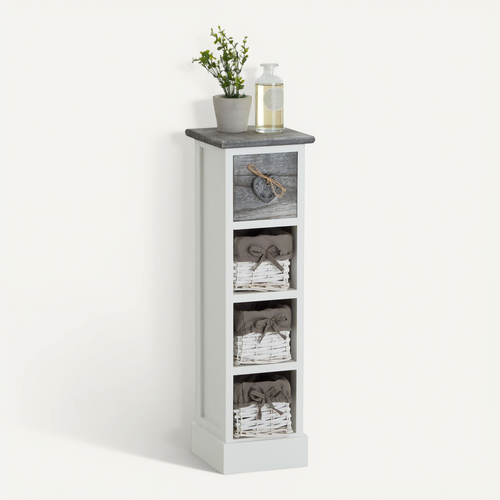 Chiffonnier Flower Avec 1 Tiroir Et 3 Paniers, En Bois De Paulownia Blanc Et Gris