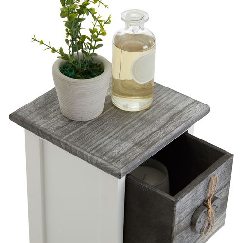 Chiffonnier Flower Avec 1 Tiroir Et 3 Paniers, En Bois De Paulownia Blanc Et Gris