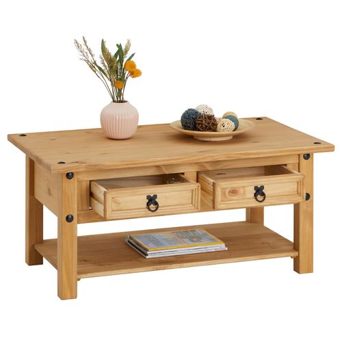 Table Basse En Pin Salsa Style Mexicain, Avec 2 Tiroirs