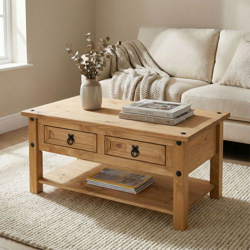 Table Basse En Pin Salsa Style Mexicain, Avec 2 Tiroirs