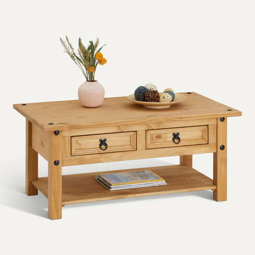 Table Basse En Pin Salsa Style Mexicain, Avec 2 Tiroirs