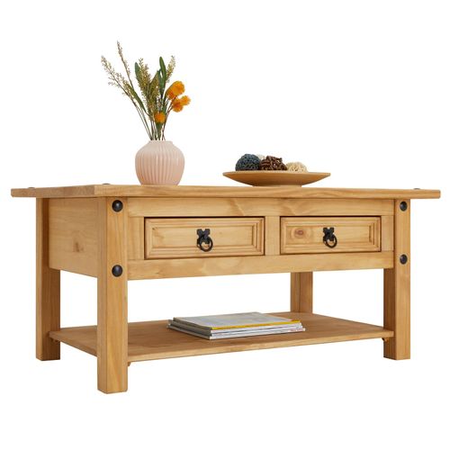 Table Basse En Pin Salsa Style Mexicain, Avec 2 Tiroirs