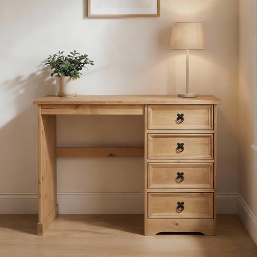 Bureau En Pin Salsa Avec 4 Tiroirs, Style Mexicain, Finition Teintée/cirée