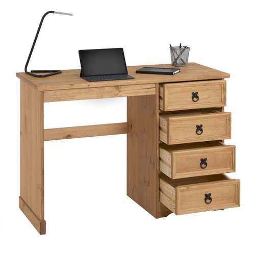 Bureau En Pin Salsa Avec 4 Tiroirs, Style Mexicain, Finition Teintée/cirée